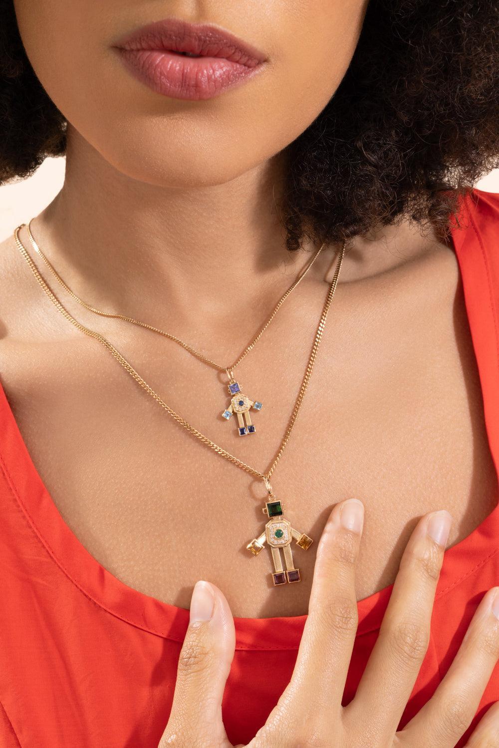 Diamond Sapphire Mini Denim Heart Robot Pendant-YELLOW GOLD-JEWELRYFINE JEWELPENDANT-VAN