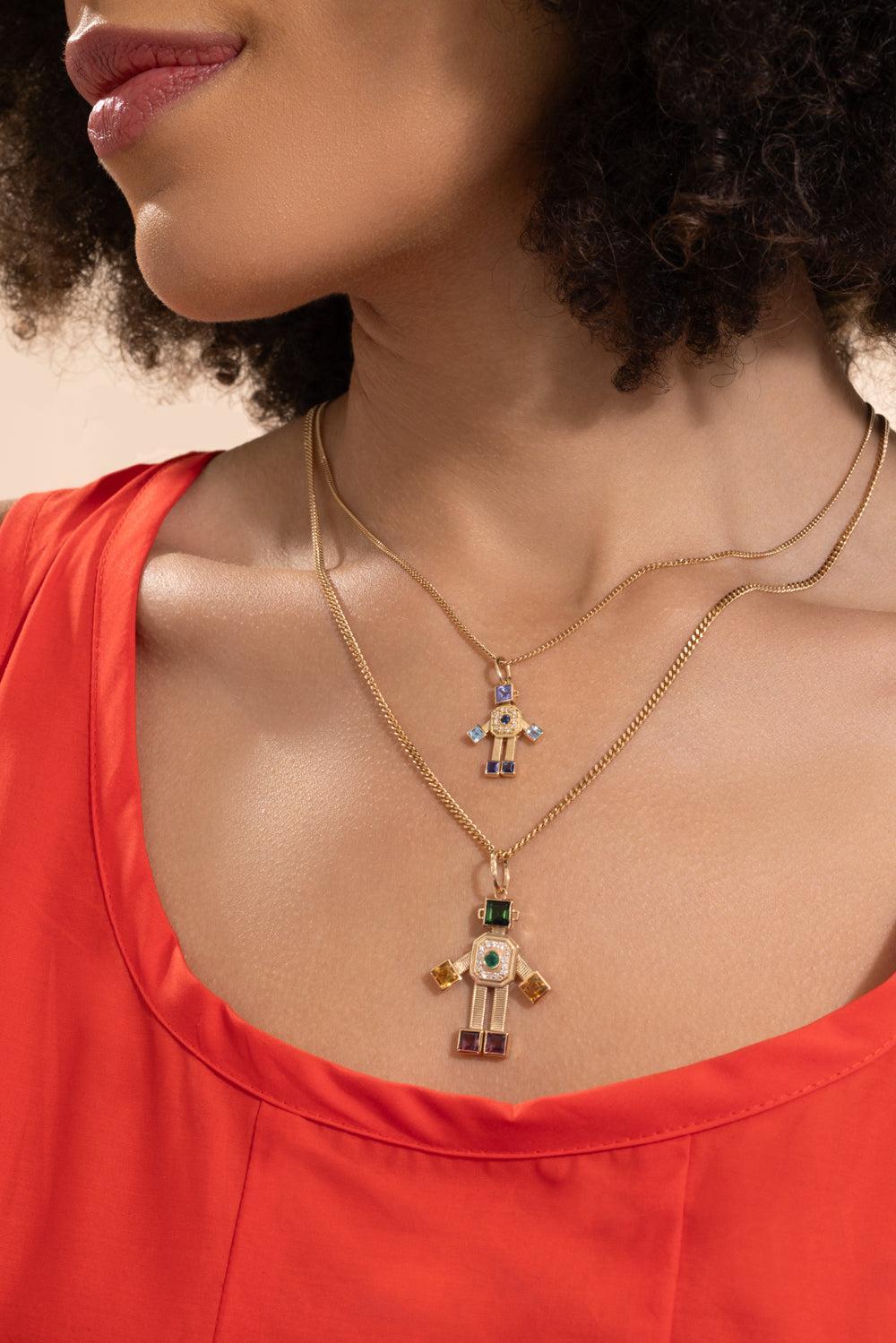 Diamond Sapphire Mini Denim Heart Robot Pendant-YELLOW GOLD-JEWELRYFINE JEWELPENDANT-VAN