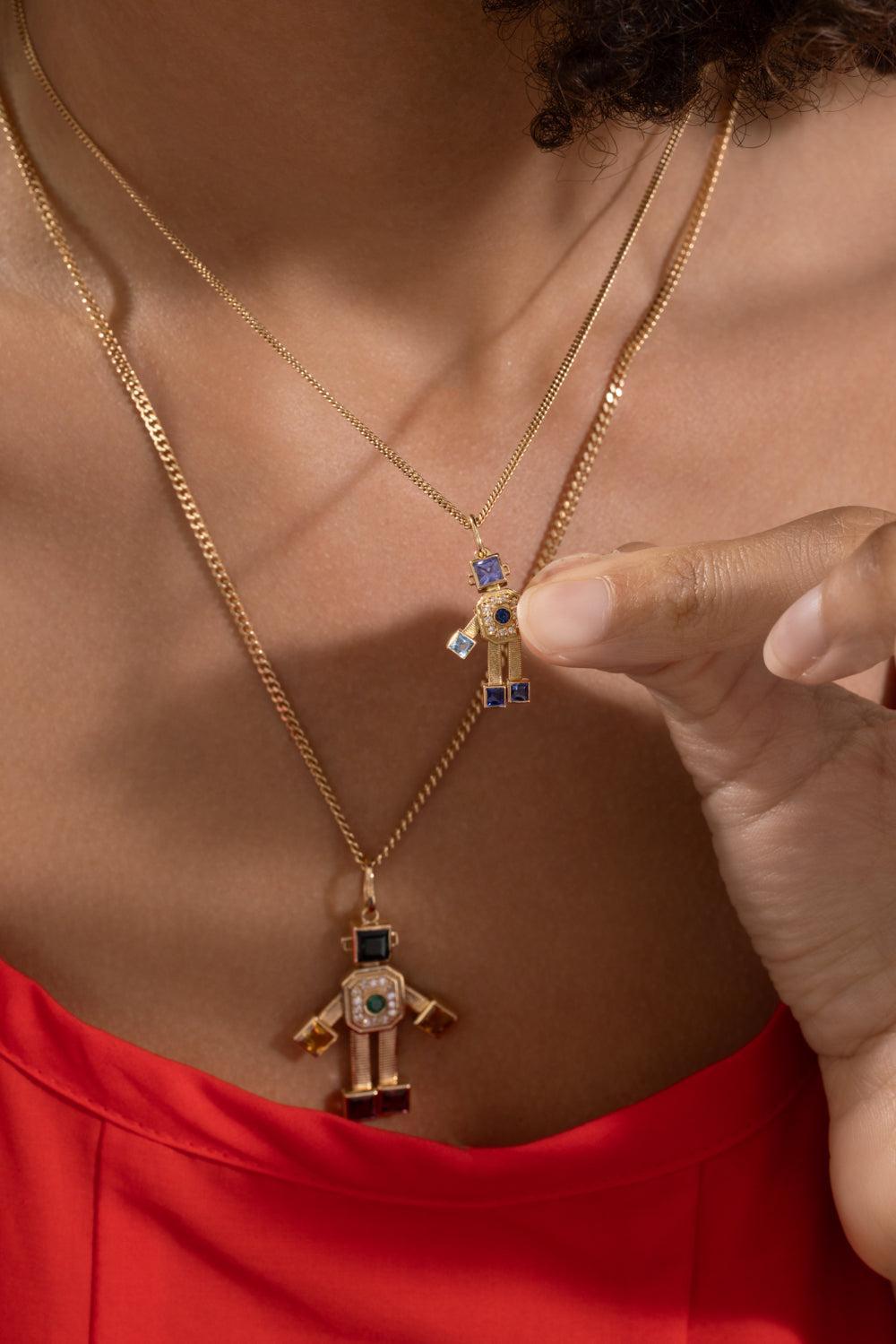 Diamond Sapphire Mini Denim Heart Robot Pendant-YELLOW GOLD-JEWELRYFINE JEWELPENDANT-VAN