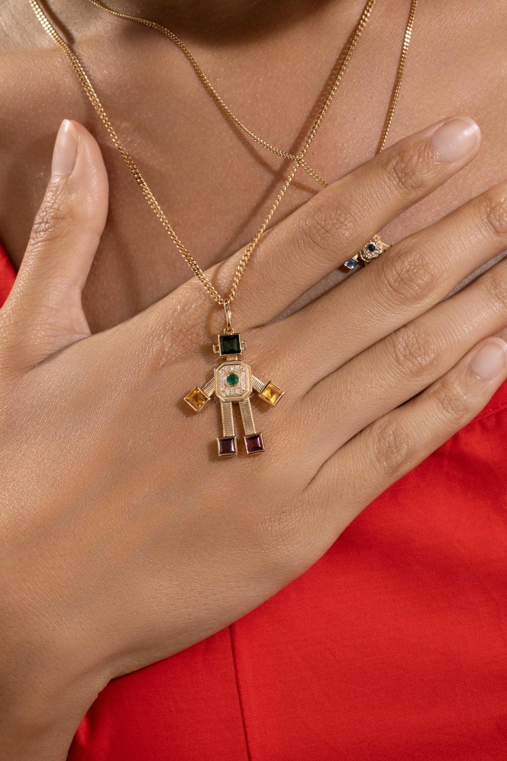 Diamond Emerald Tourmaline Midi Bespoke Disco Robot Pendant-YELLOW GOLD-JEWELRYFINE JEWELPENDANT-VAN