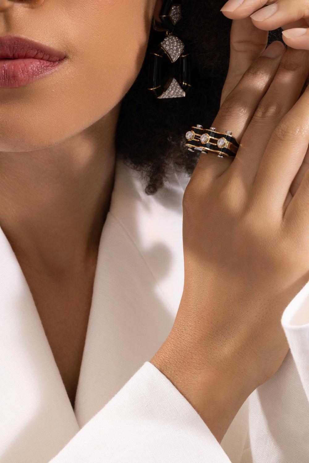 Diamond Black Wave Studlette Ring-YELLOW GOLD-6.5-JEWELRYFINE JEWELRING-DAVID WEBB