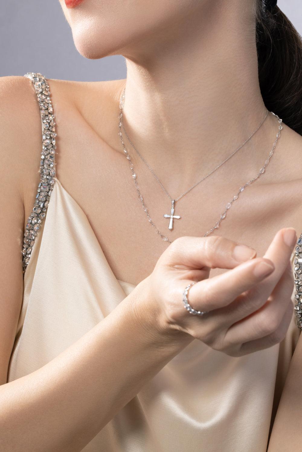 Linear Diamond Cross Necklace-WHITE GOLD-JEWELRYFINE JEWELNECKLACE O-64 FACETS