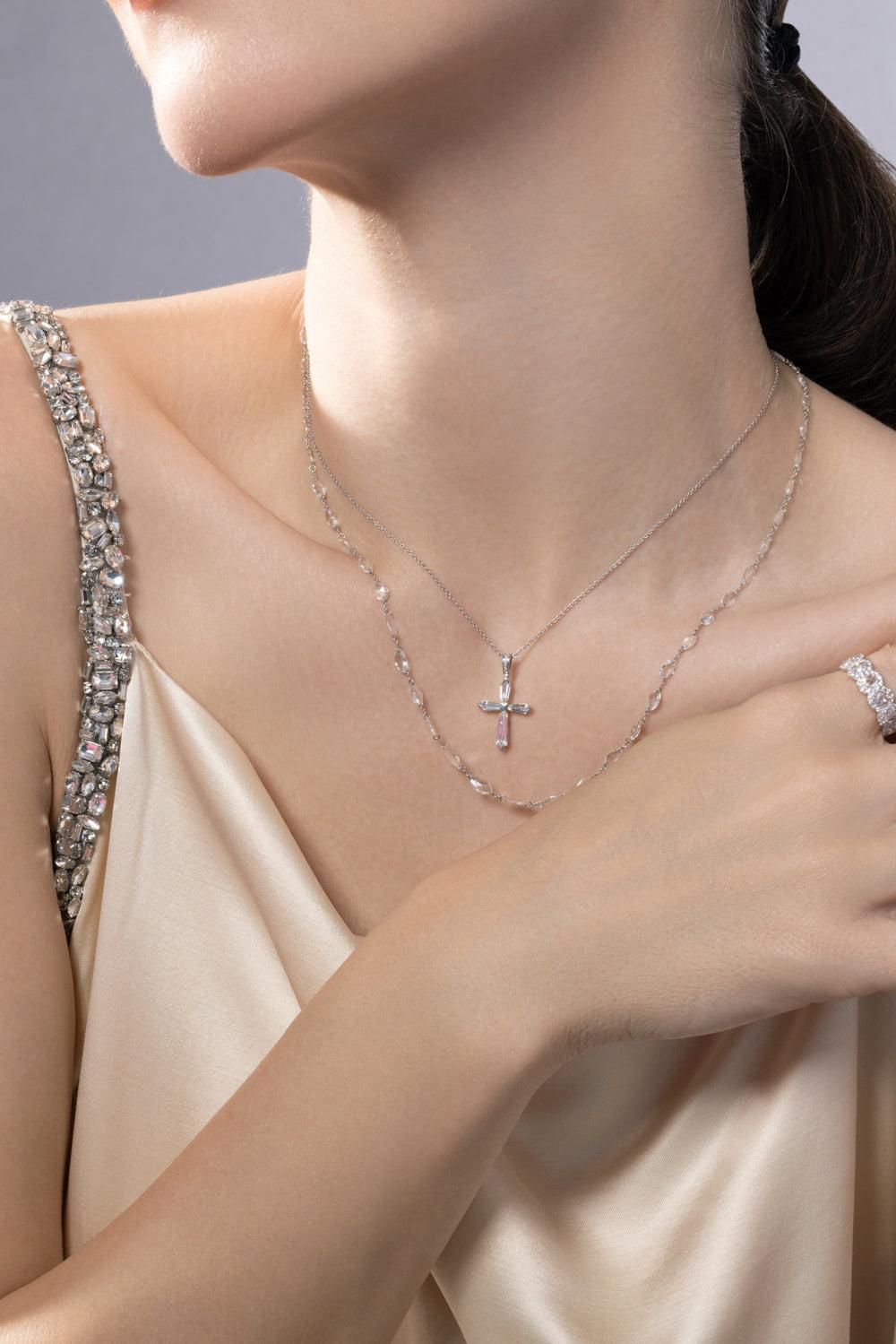 Linear Diamond Cross Necklace-WHITE GOLD-JEWELRYFINE JEWELNECKLACE O-64 FACETS
