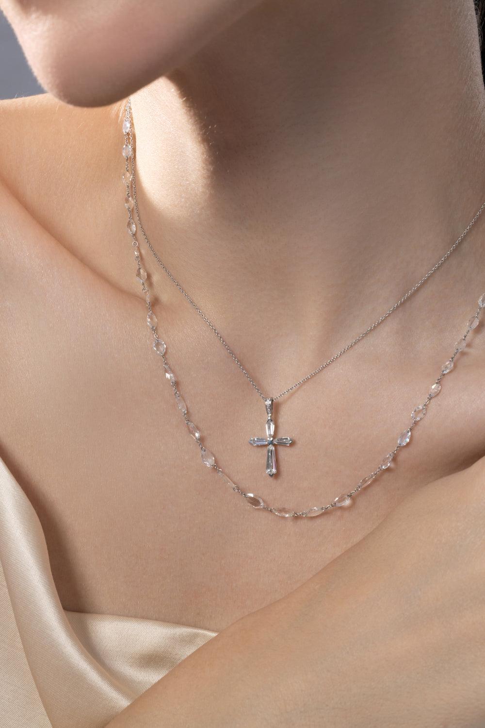 Linear Diamond Cross Necklace-WHITE GOLD-JEWELRYFINE JEWELNECKLACE O-64 FACETS