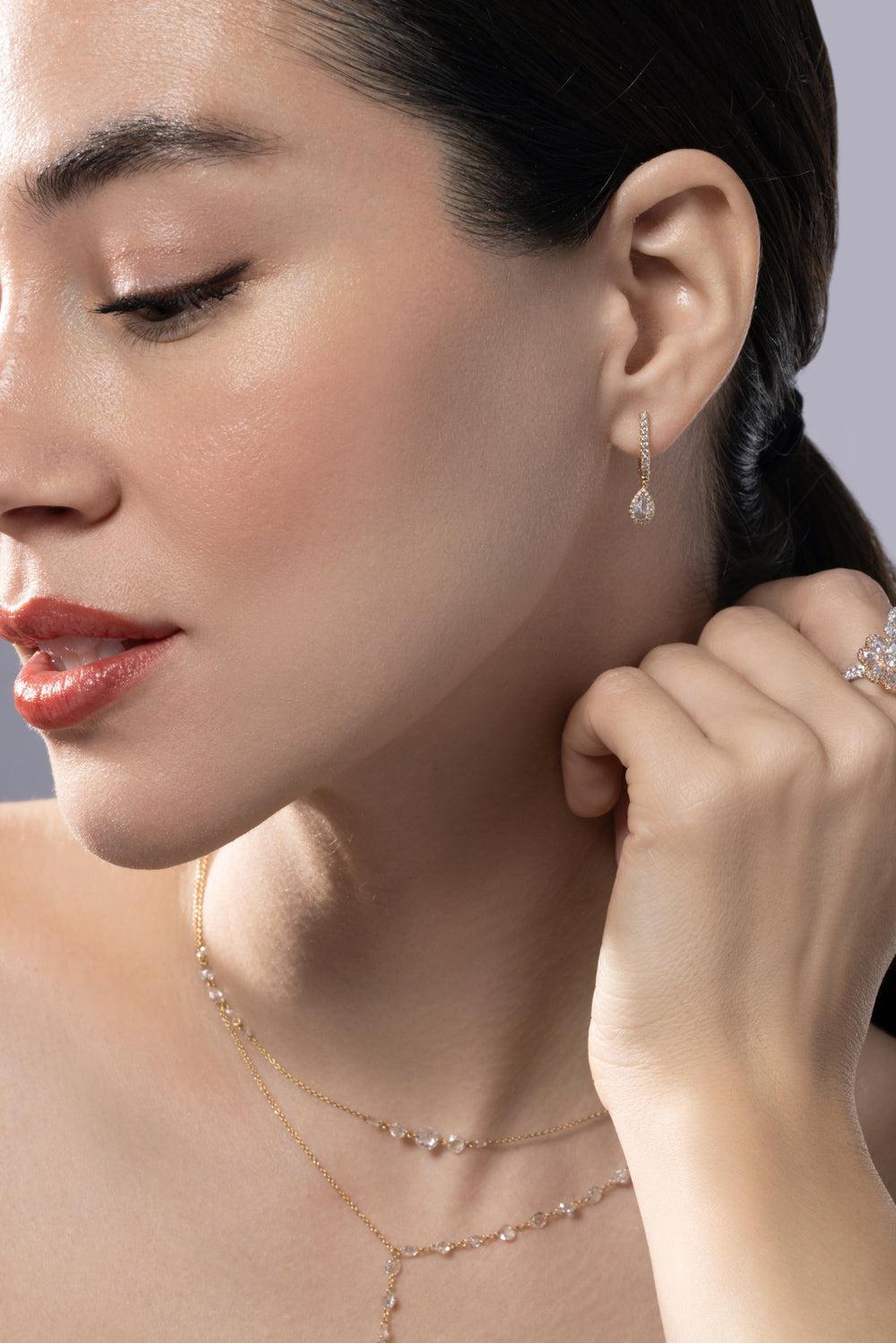 Diamond One Scallop Pear Drop Earrings-YELLOW GOLD-JEWELRYFINE JEWELEARRING-64 FACETS