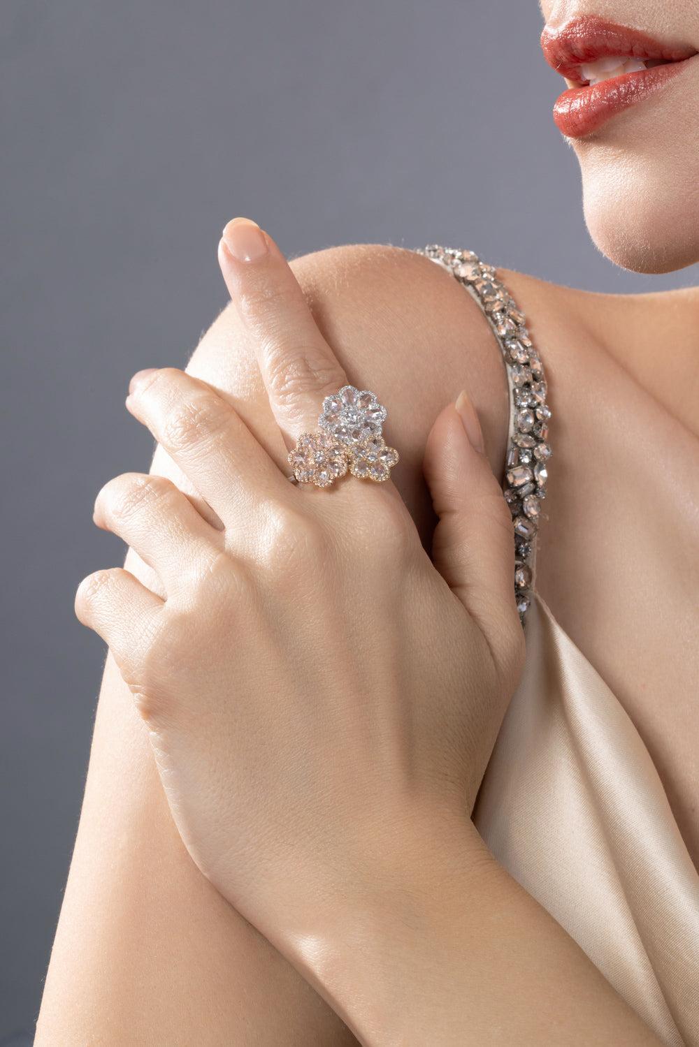 Diamond Three Flower Ring-WHITE GOLD-6-JEWELRYFINE JEWELRING-64 FACETS