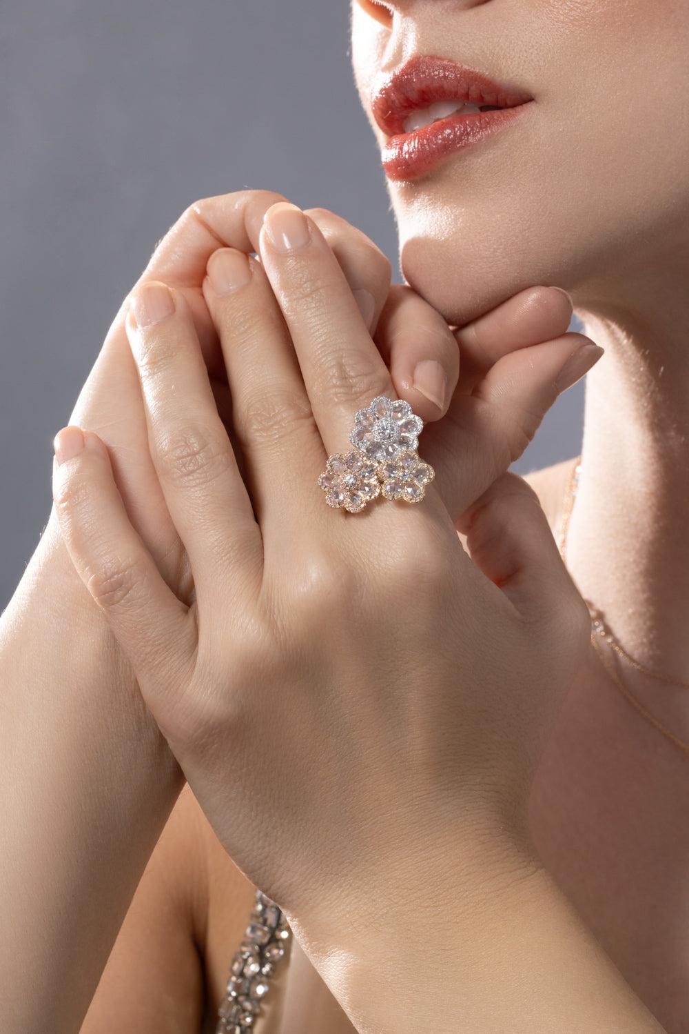 Diamond Three Flower Ring-WHITE GOLD-6-JEWELRYFINE JEWELRING-64 FACETS