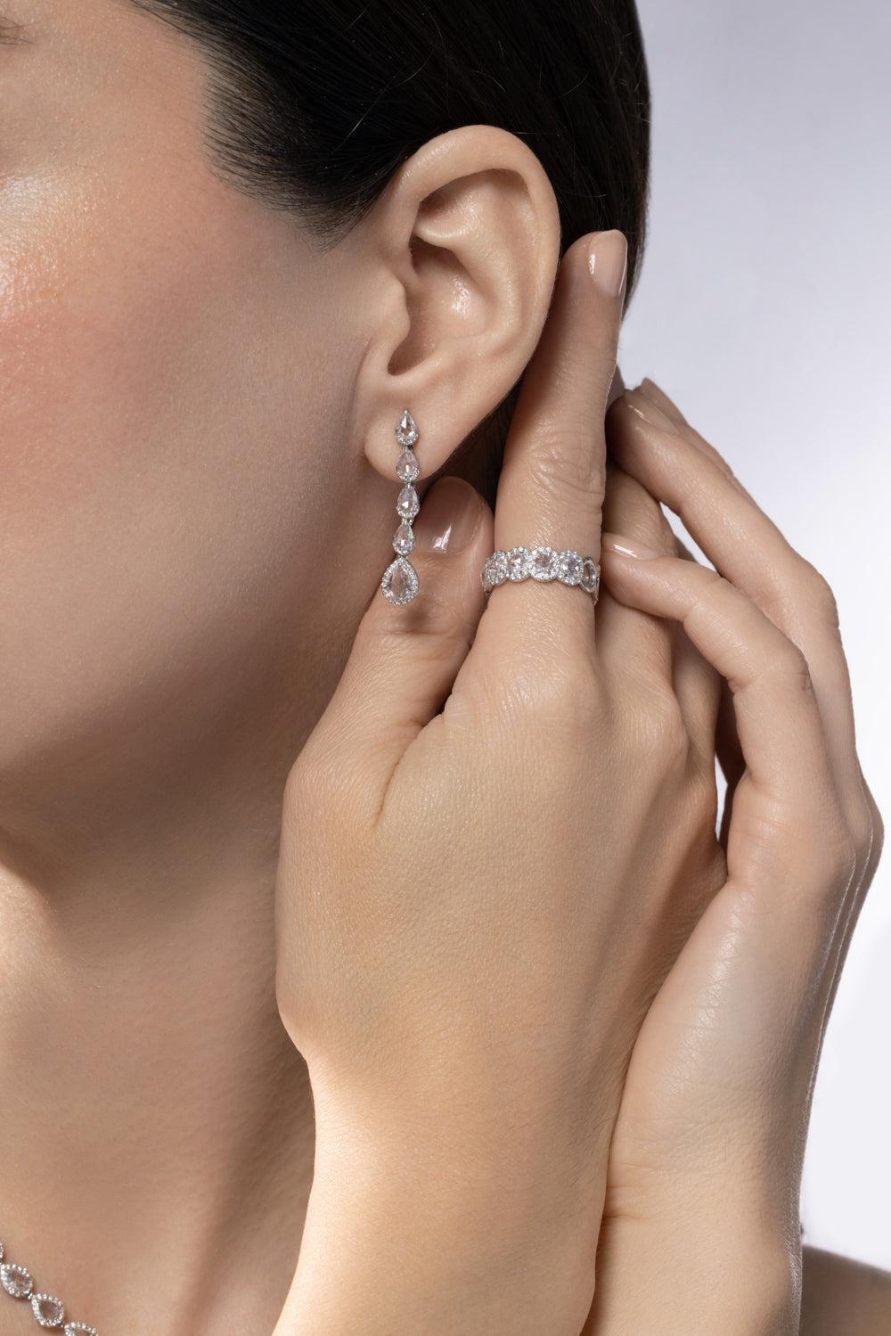 Diamond Five Scallop Drop Earrings-WHITE GOLD-JEWELRYFINE JEWELEARRING-64 FACETS