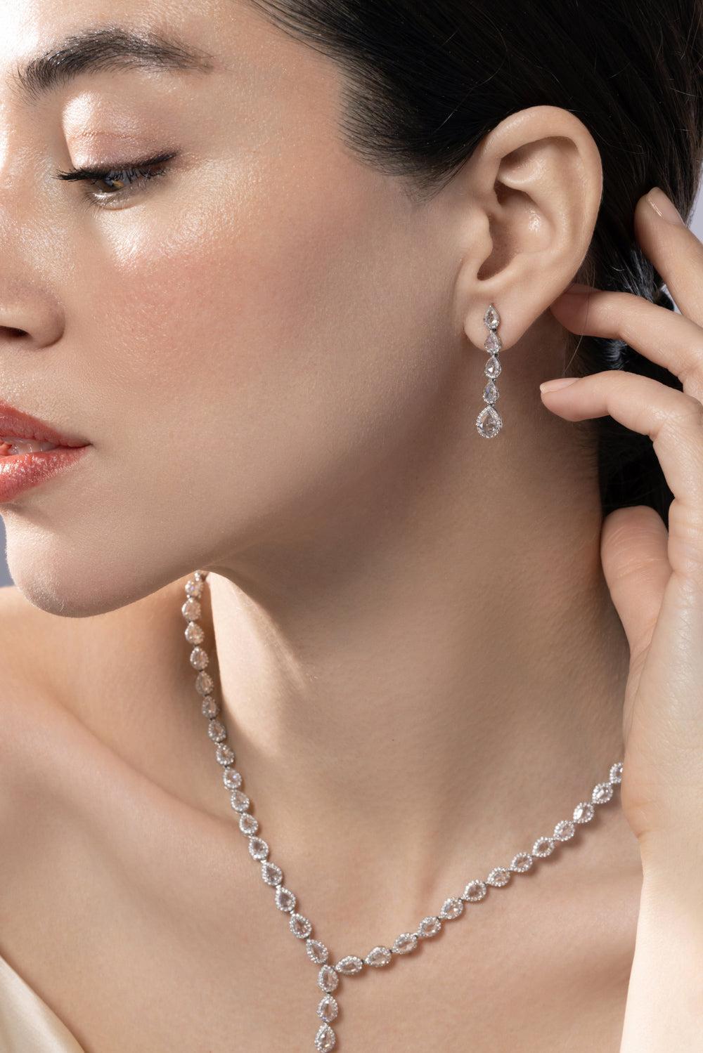 Diamond Five Scallop Drop Earrings-WHITE GOLD-JEWELRYFINE JEWELEARRING-64 FACETS