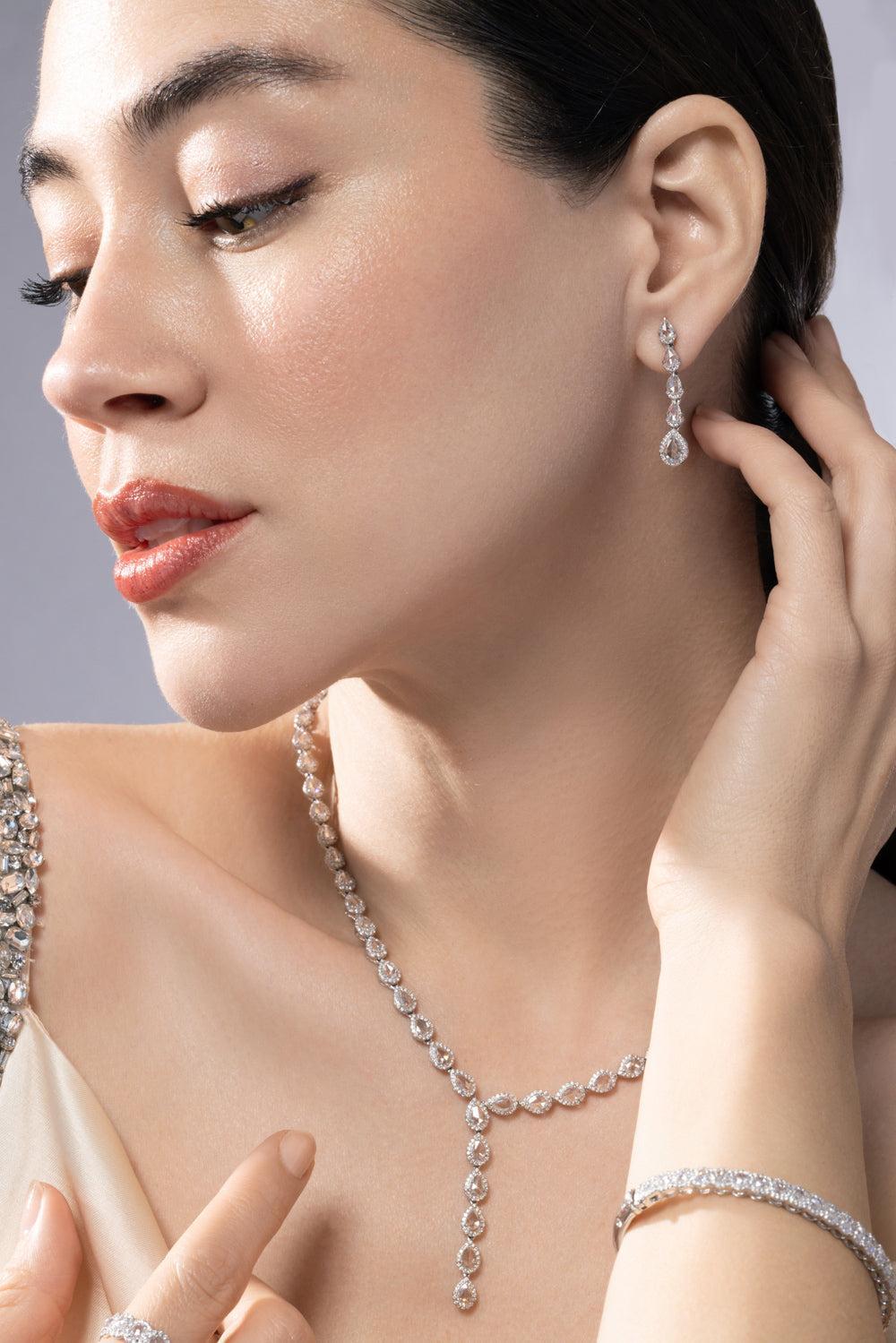 Diamond Five Scallop Drop Earrings-WHITE GOLD-JEWELRYFINE JEWELEARRING-64 FACETS