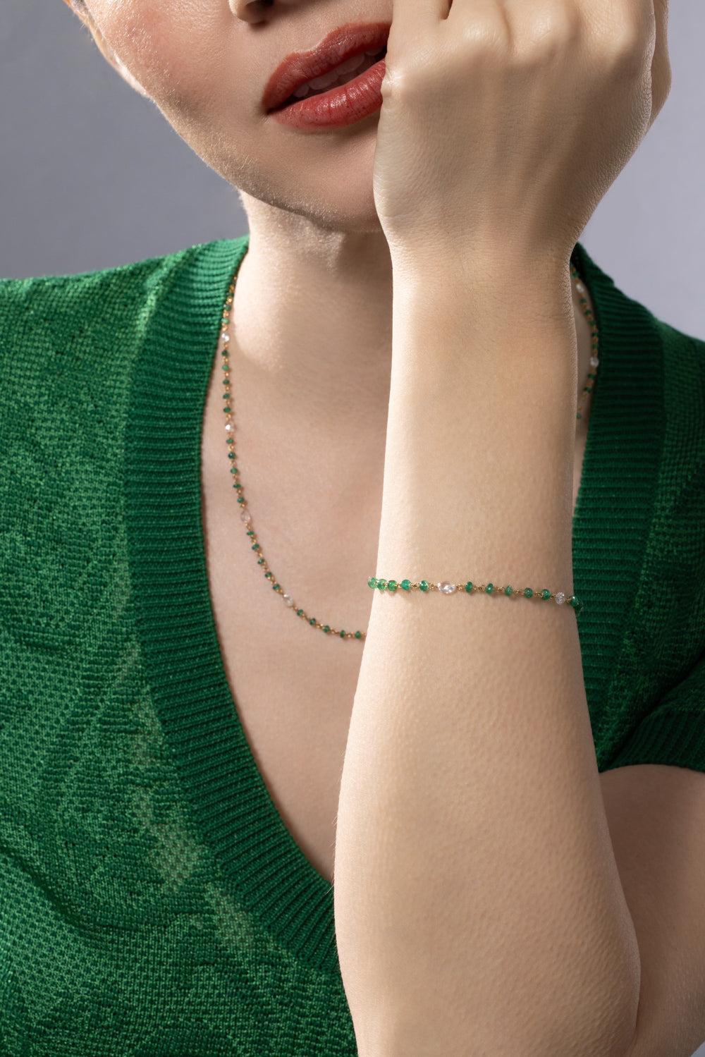 Diamond Emerald Etheral Beaded Bracelet-YELLOW GOLD-JEWELRYFINE JEWELBRACELET O-64 FACETS