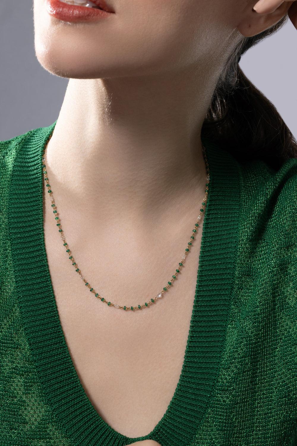 Diamond Emerald Etheral Beaded Necklace-YELLOW GOLD-JEWELRYFINE JEWELNECKLACE O-64 FACETS