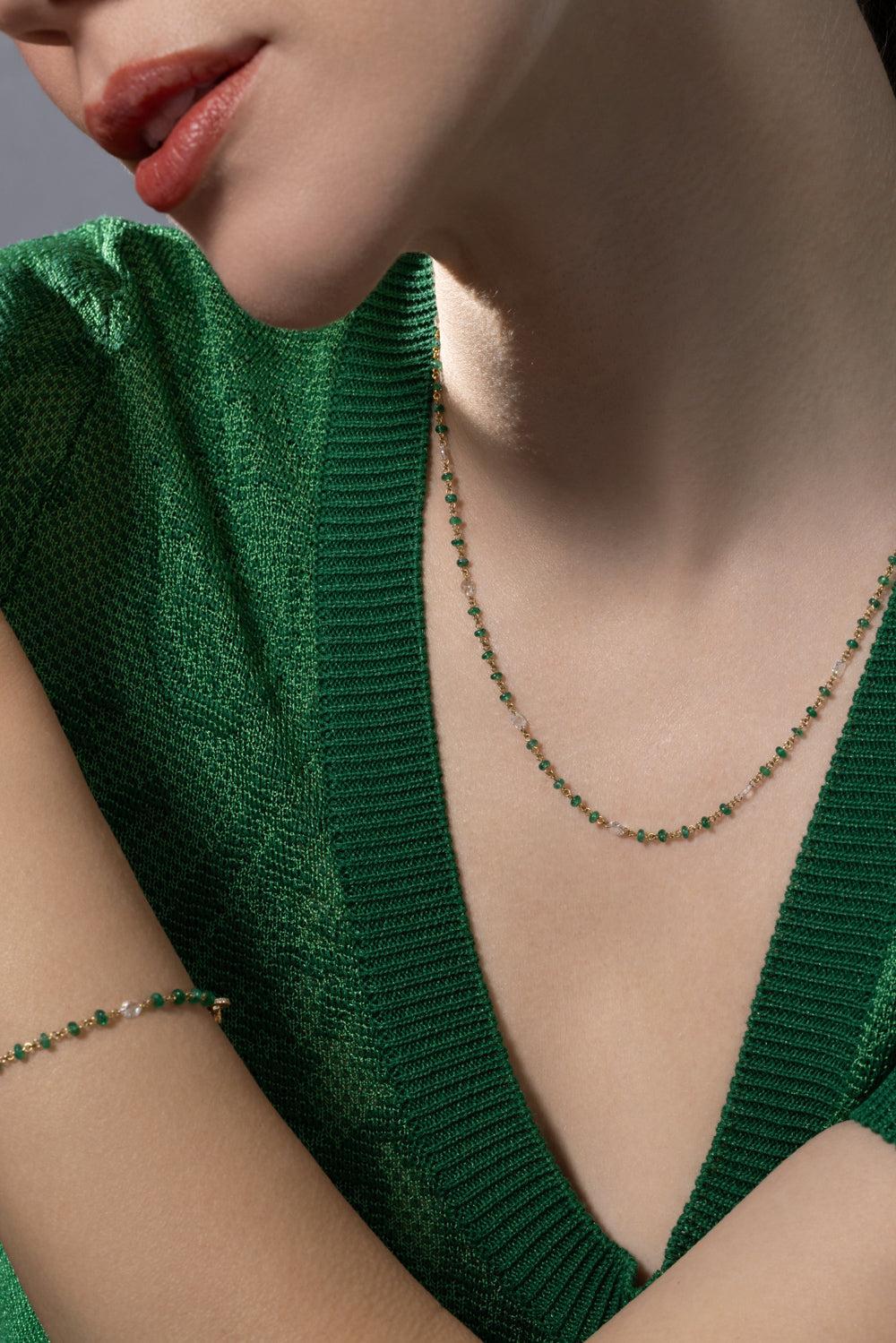 Diamond Emerald Etheral Beaded Necklace-YELLOW GOLD-JEWELRYFINE JEWELNECKLACE O-64 FACETS