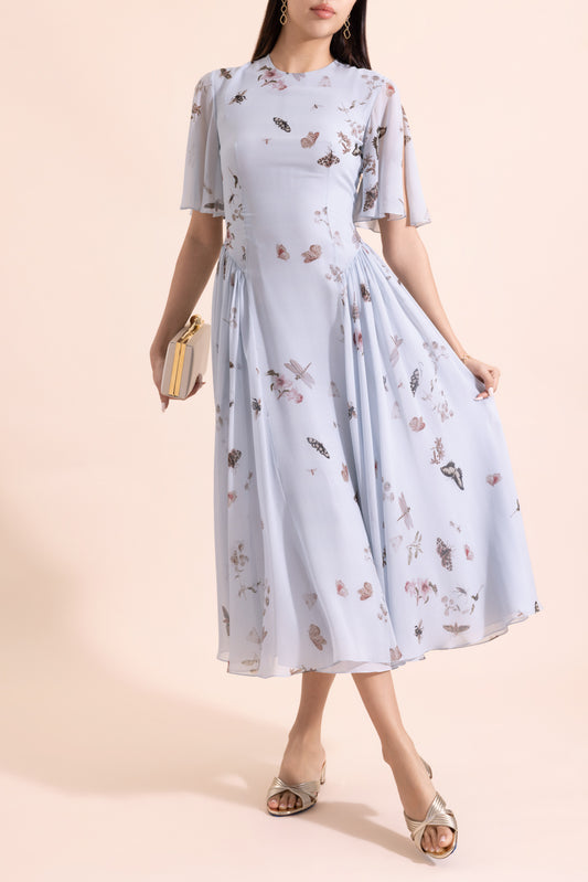 Flutter Sleeve Printed Midi Dress