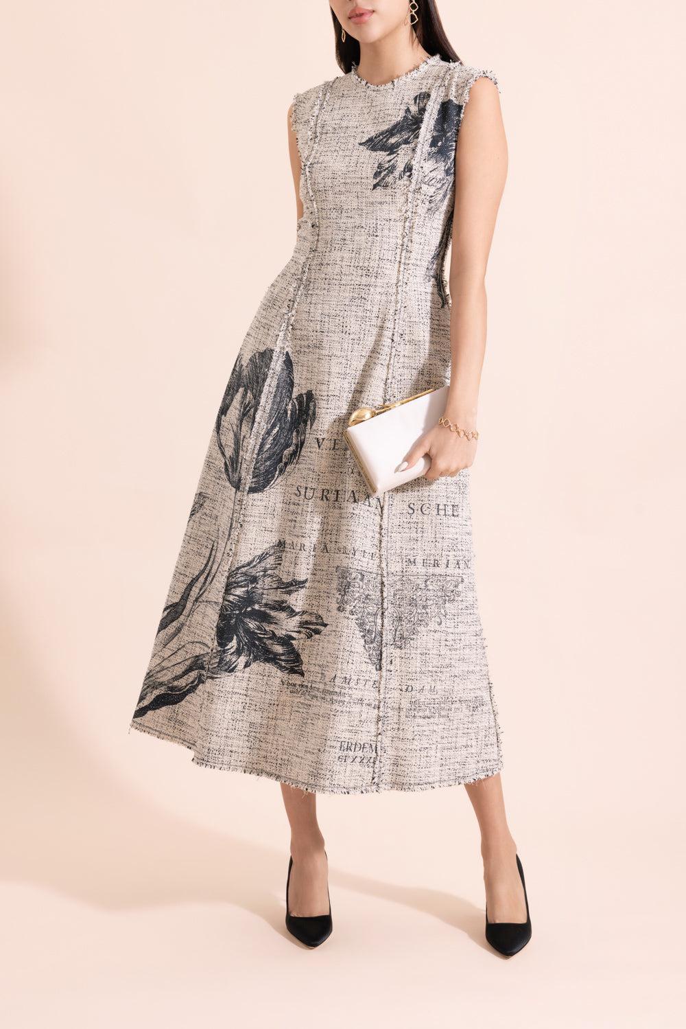 Floral Print Tweed Sleeveless Midi Dress-BOTANALA-4-CLOTHINGDRESSCOCKTAIL-ERDEM