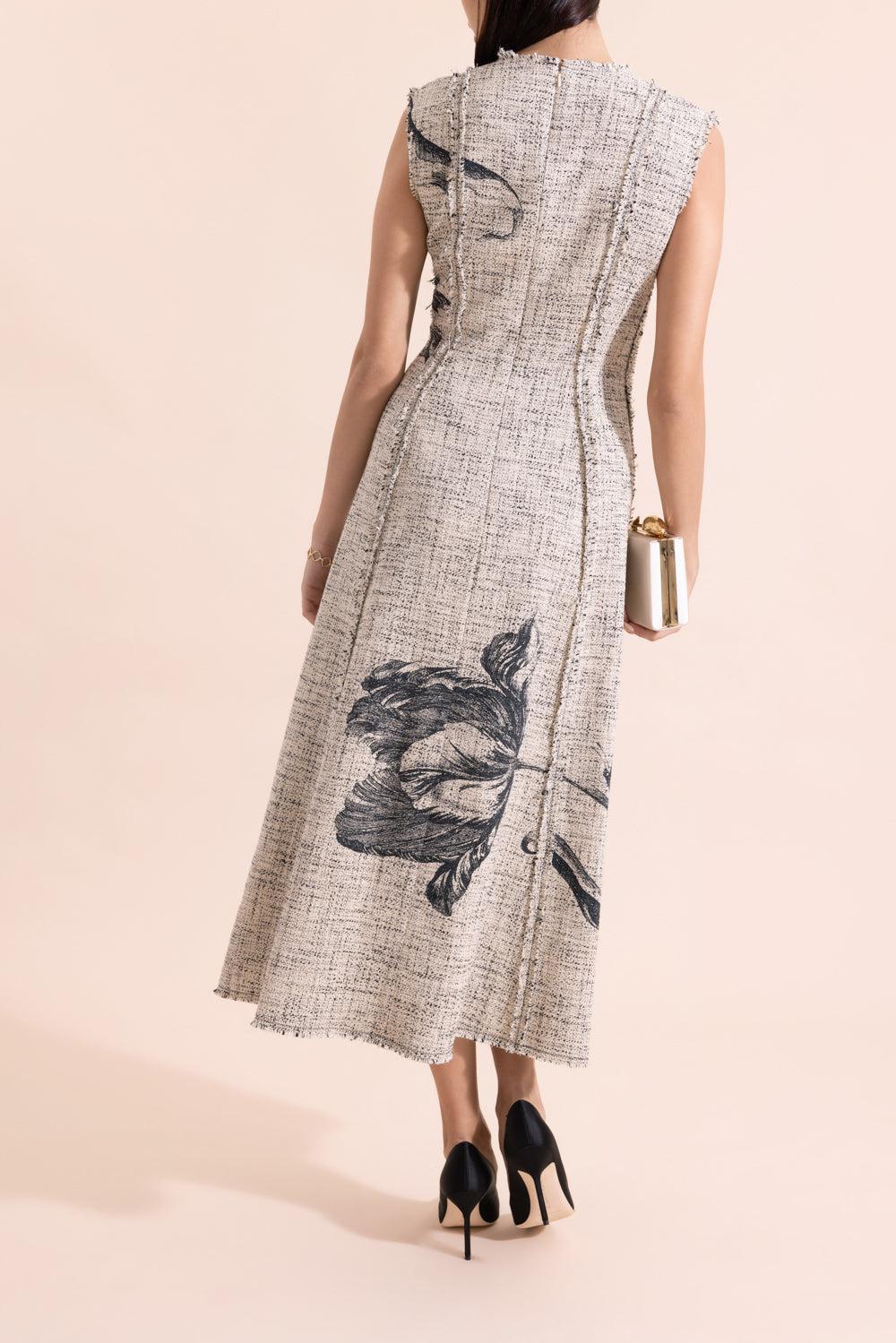 Floral Print Tweed Sleeveless Midi Dress-BOTANALA-4-CLOTHINGDRESSCOCKTAIL-ERDEM
