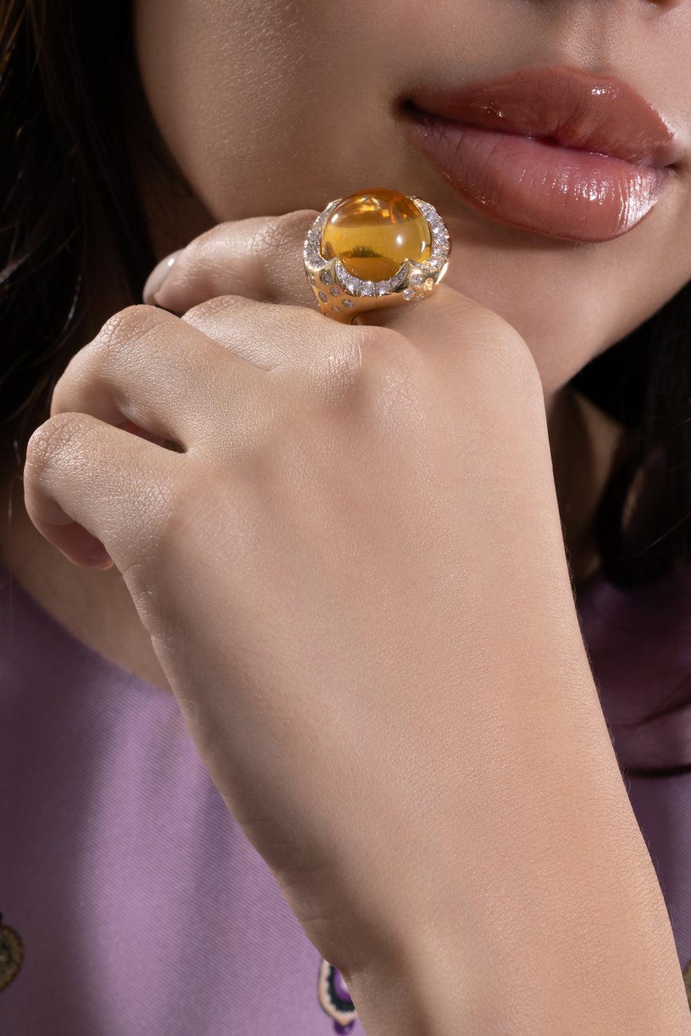 Citrine Diamond Molten Ring-YELLOW GOLD-7-JEWELRYFINE JEWELRING-EDINA KISS