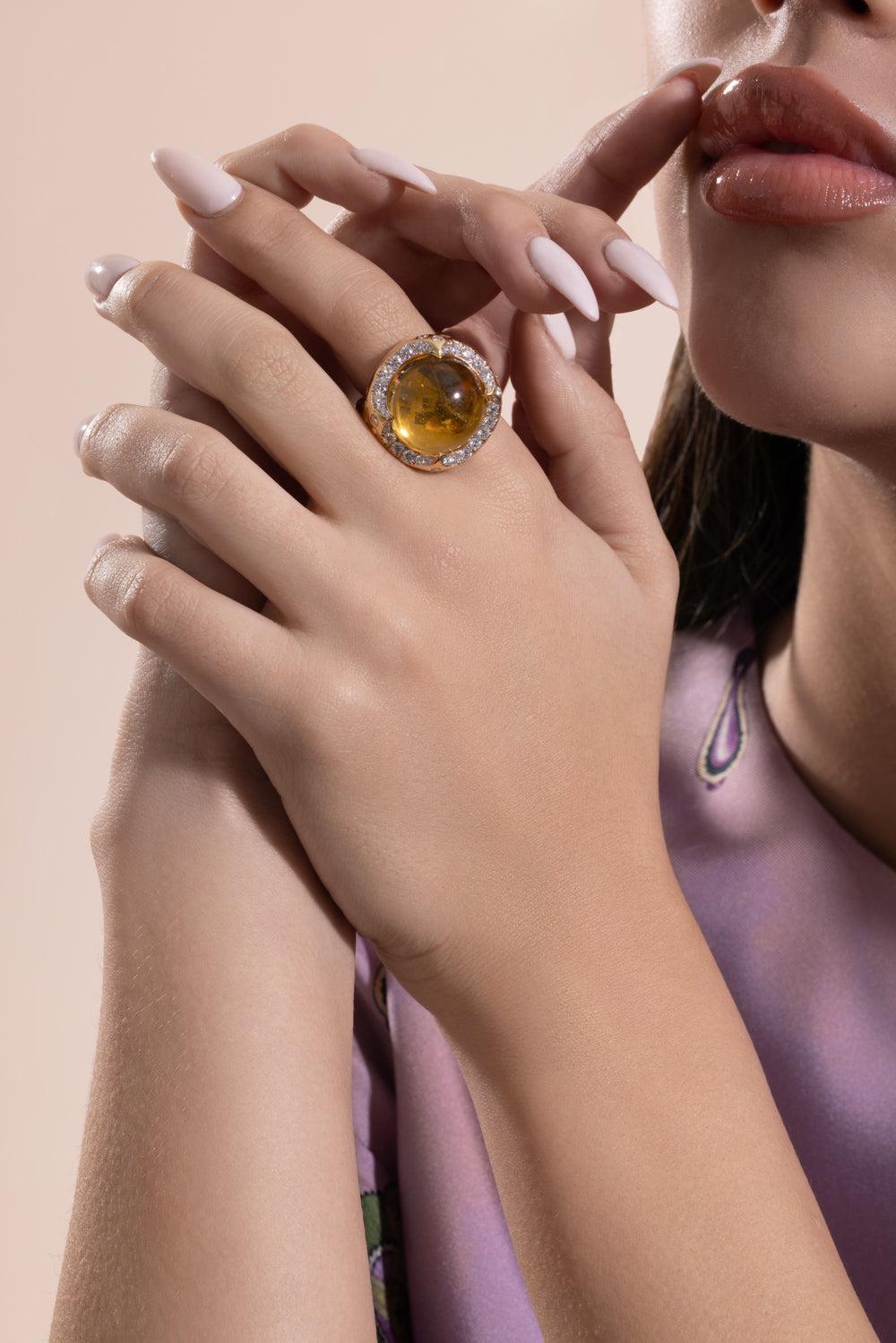 Citrine Diamond Molten Ring-YELLOW GOLD-7-JEWELRYFINE JEWELRING-EDINA KISS