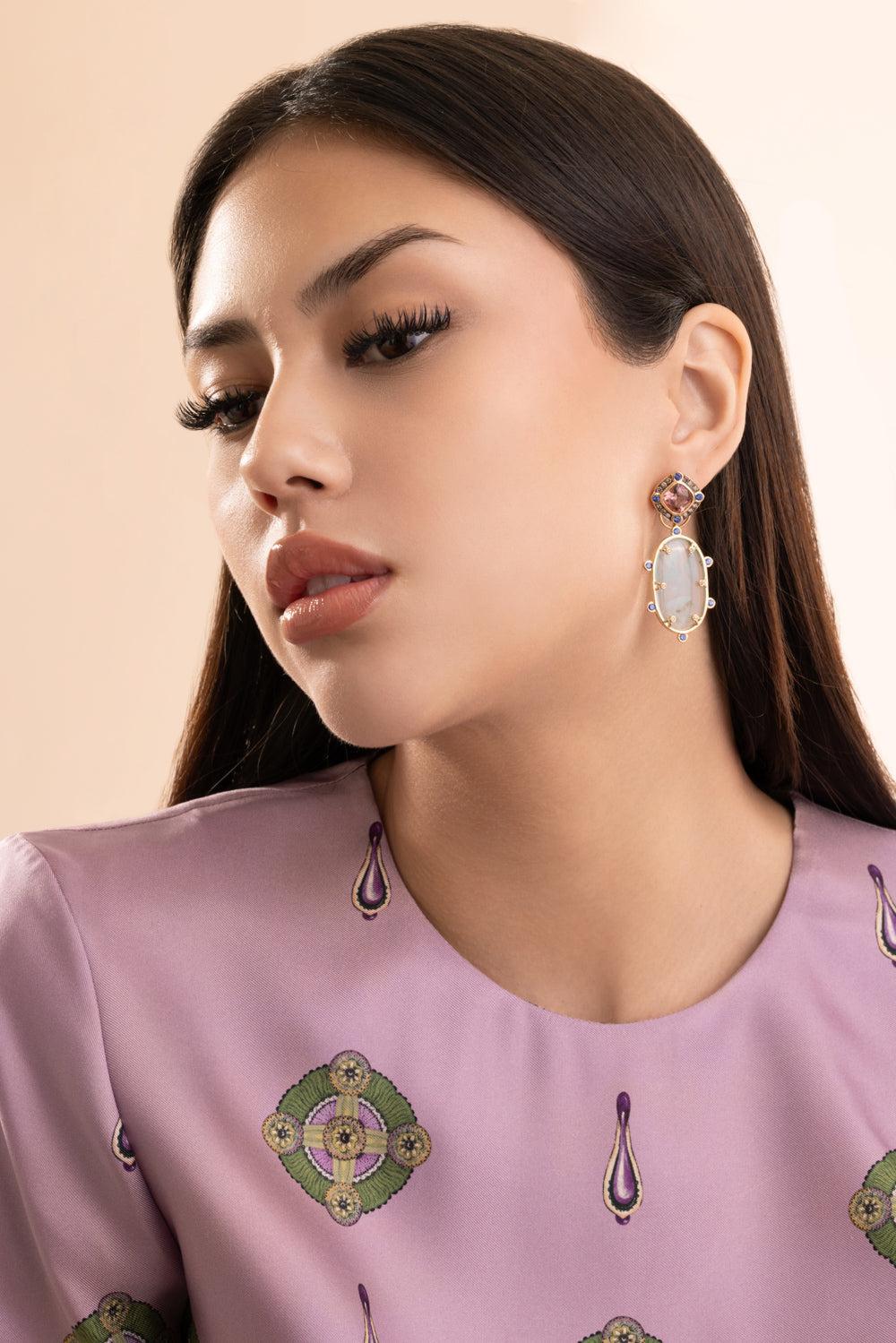 Pink Tourmaline Opal Drop Earrings-YELLOW GOLD-JEWELRYFINE JEWELEARRING-EDINA KISS