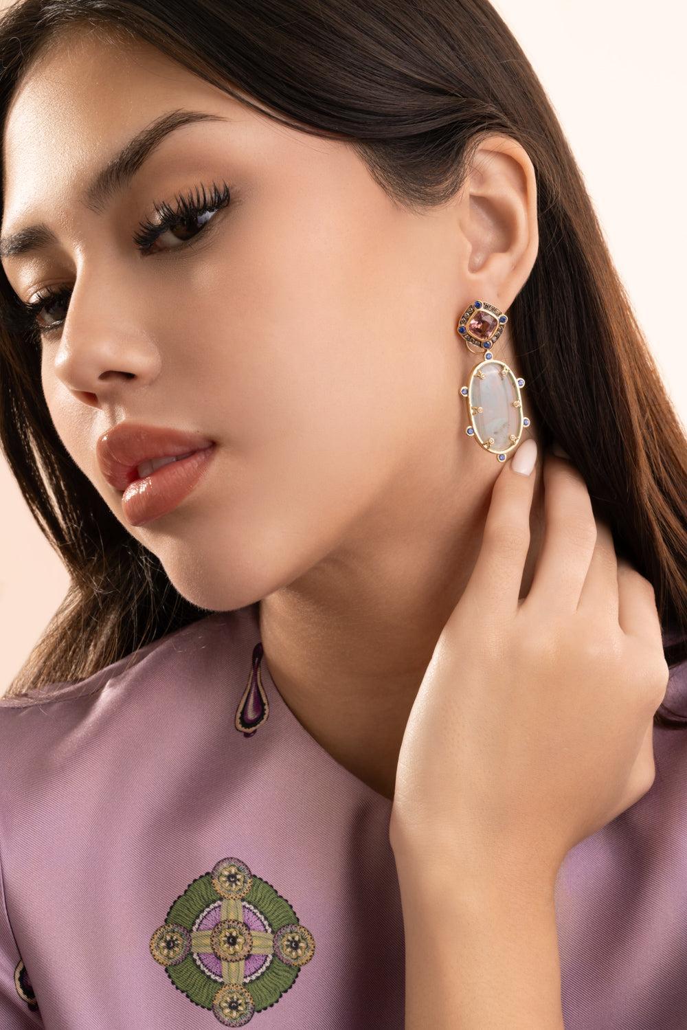 Pink Tourmaline Opal Drop Earrings-YELLOW GOLD-JEWELRYFINE JEWELEARRING-EDINA KISS