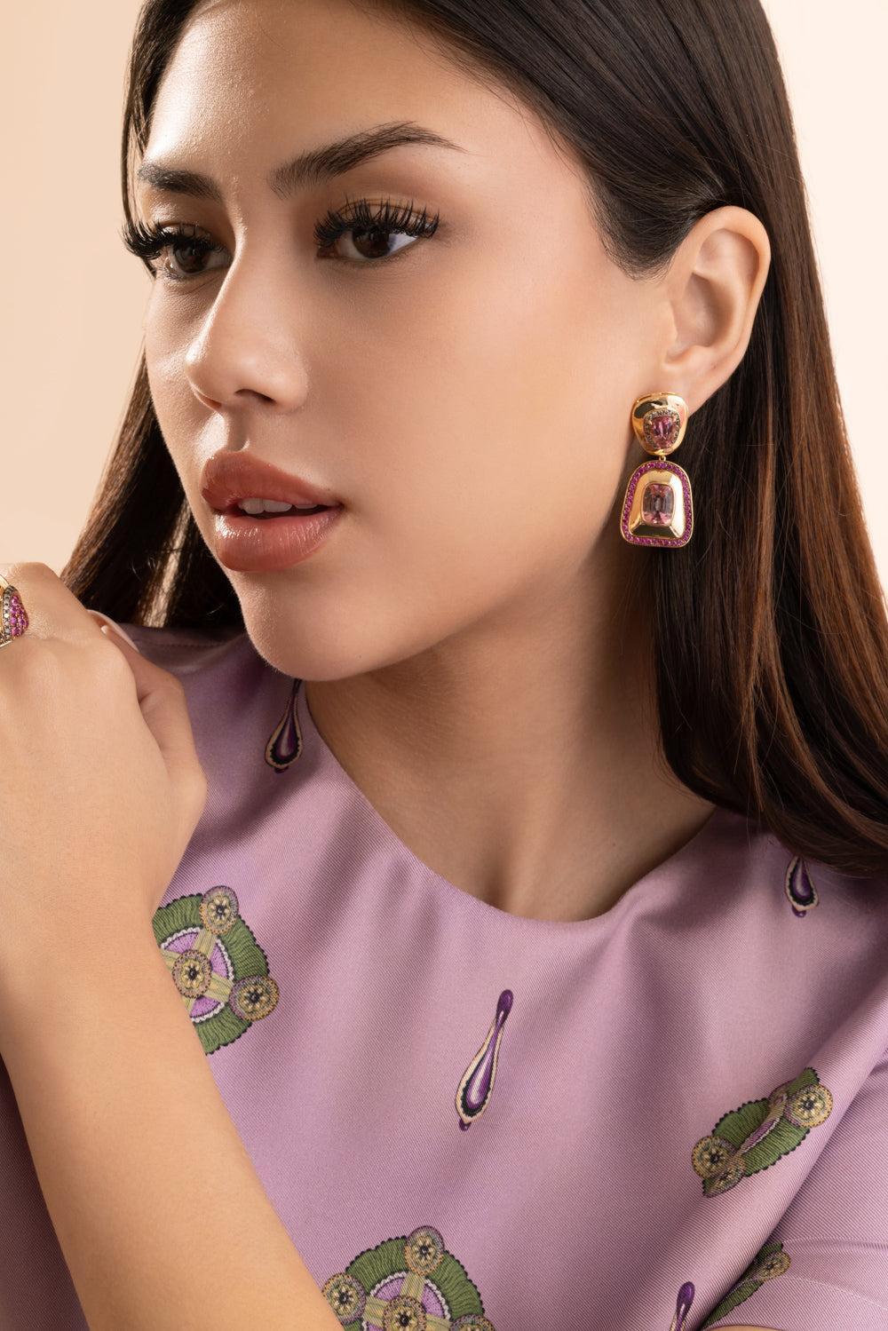 Pink Tourmaline Drop Earrings-YELLOW GOLD-JEWELRYFINE JEWELEARRING-EDINA KISS