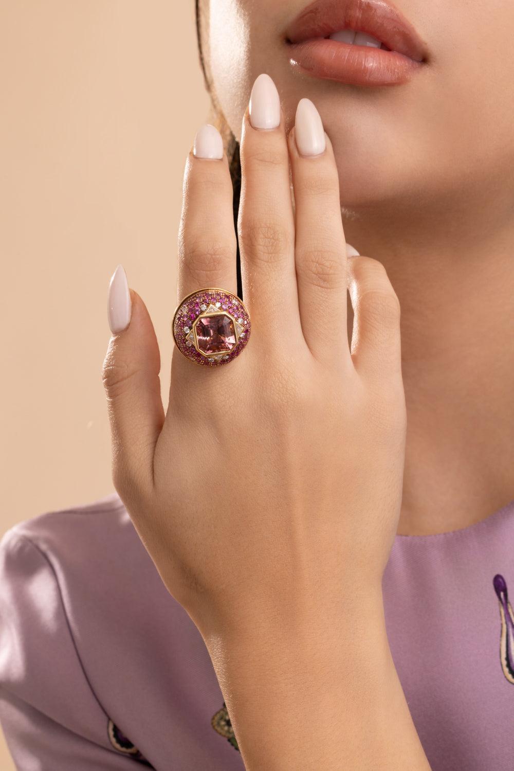 Pink Tourmaline Ruby Octagon Gemstone Ring-YELLOW GOLD-7-JEWELRYFINE JEWELRING-EDINA KISS