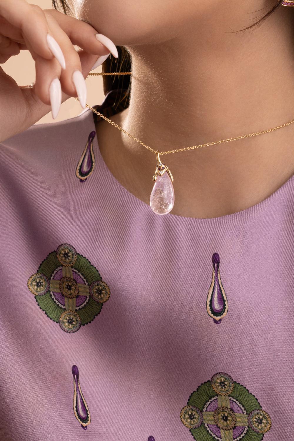 Rose Quartz Drop Necklace-YELLOW GOLD-18-JEWELRYFINE JEWELNECKLACE O-EDINA KISS