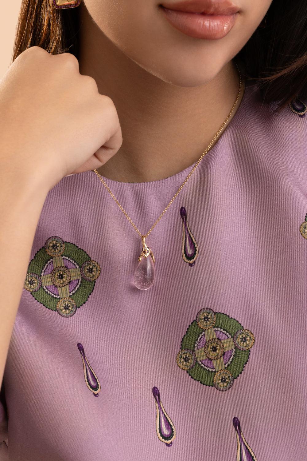 Rose Quartz Drop Necklace-YELLOW GOLD-18-JEWELRYFINE JEWELNECKLACE O-EDINA KISS