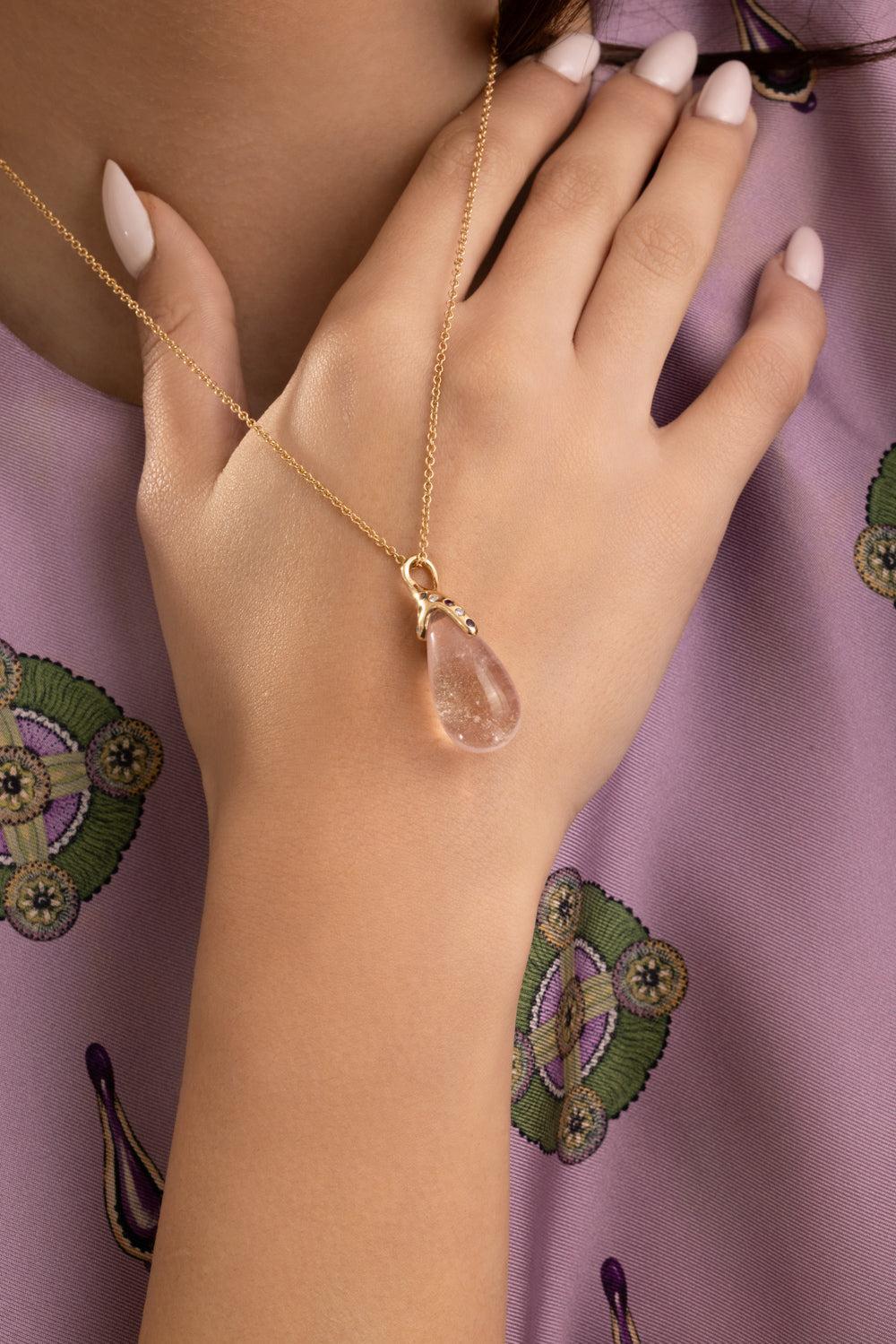 Rose Quartz Drop Necklace-YELLOW GOLD-18-JEWELRYFINE JEWELNECKLACE O-EDINA KISS
