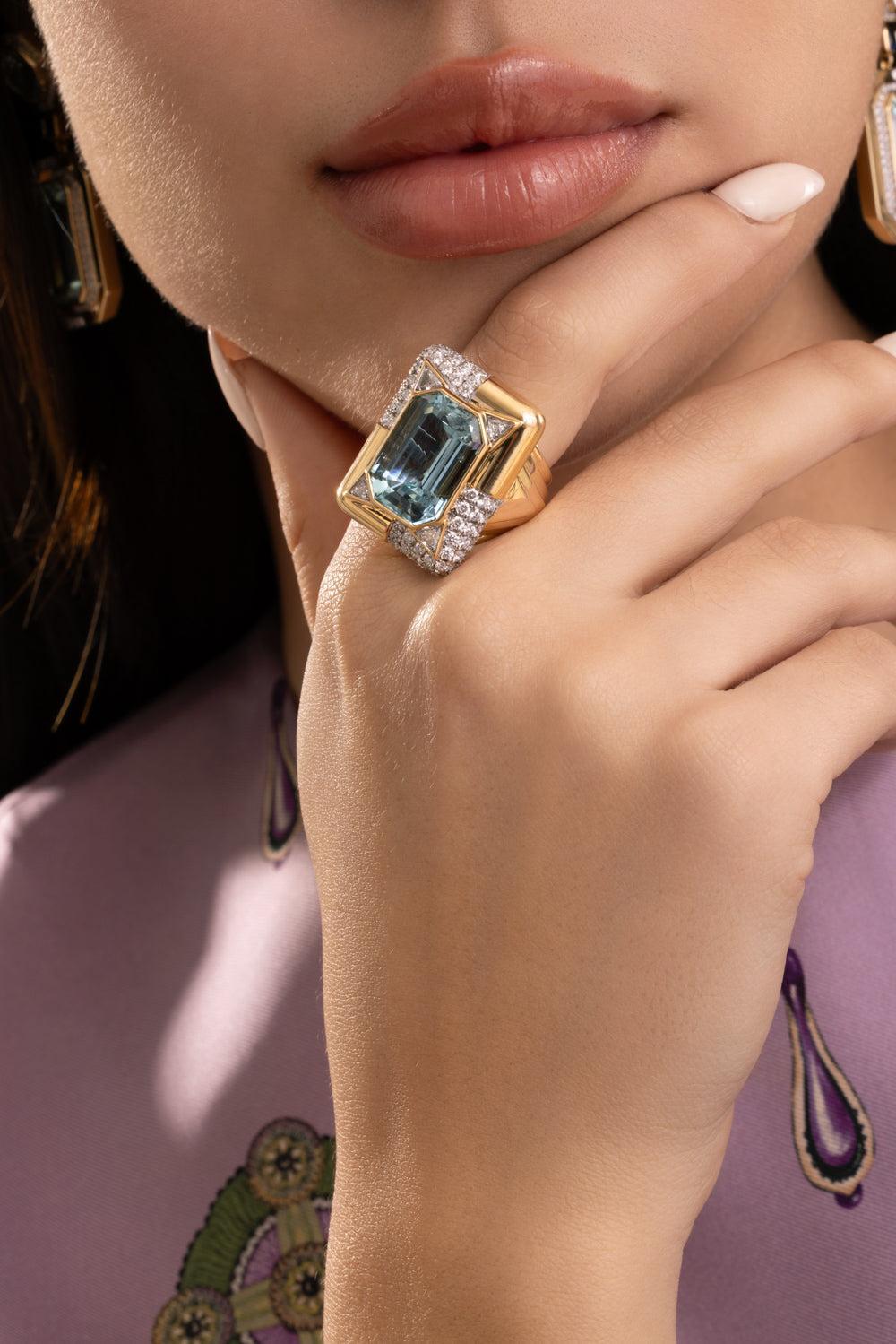 Aquamarine Diamond Octagon Ring-YELLOW GOLD-7-JEWELRYFINE JEWELRING-EDINA KISS