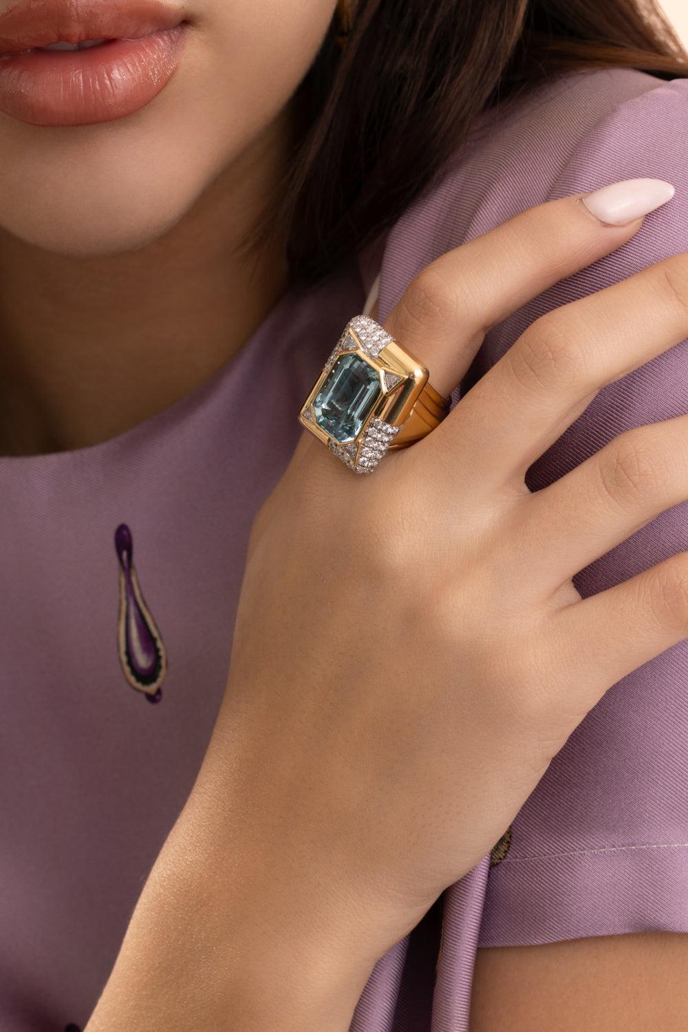 Aquamarine Diamond Octagon Ring-YELLOW GOLD-7-JEWELRYFINE JEWELRING-EDINA KISS