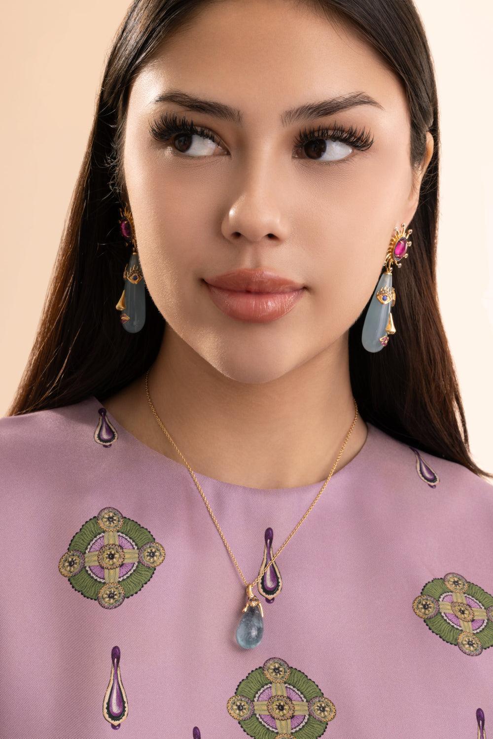 Aquamarine Mini Face Motif Drop Earrings-YELLOW GOLD-JEWELRYFINE JEWELEARRING-EDINA KISS