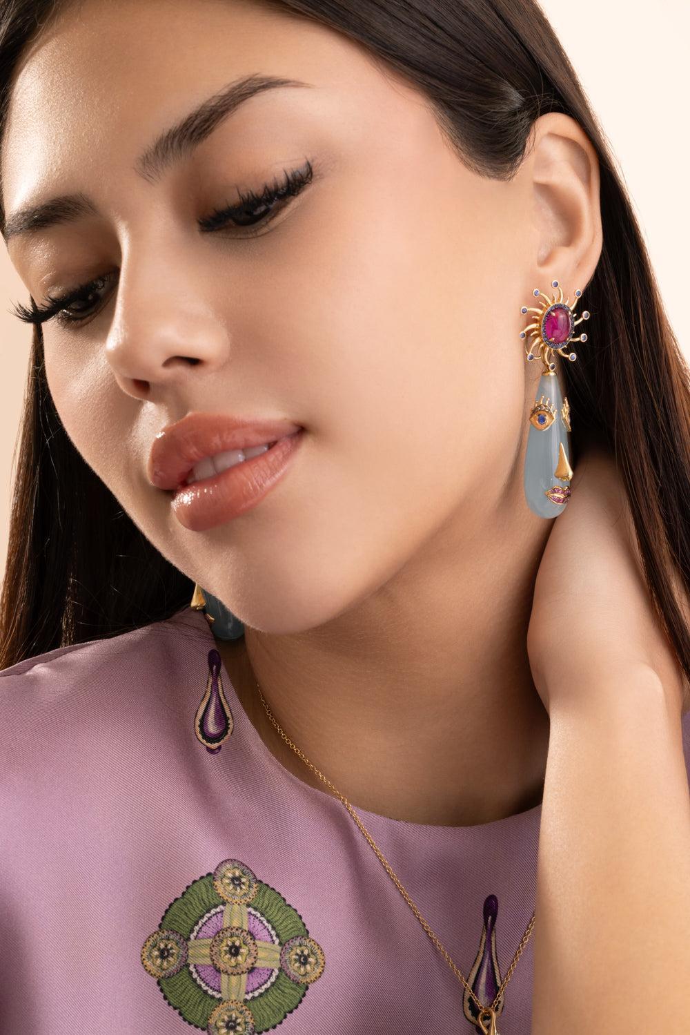 Aquamarine Mini Face Motif Drop Earrings-YELLOW GOLD-JEWELRYFINE JEWELEARRING-EDINA KISS