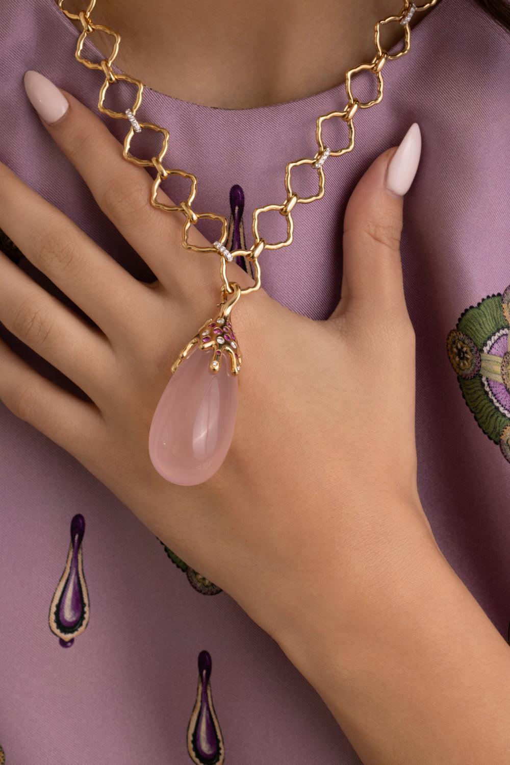 Pink Quartz Dripping Pendant-YELLOW GOLD-JEWELRYFINE JEWELPENDANT-EDINA KISS