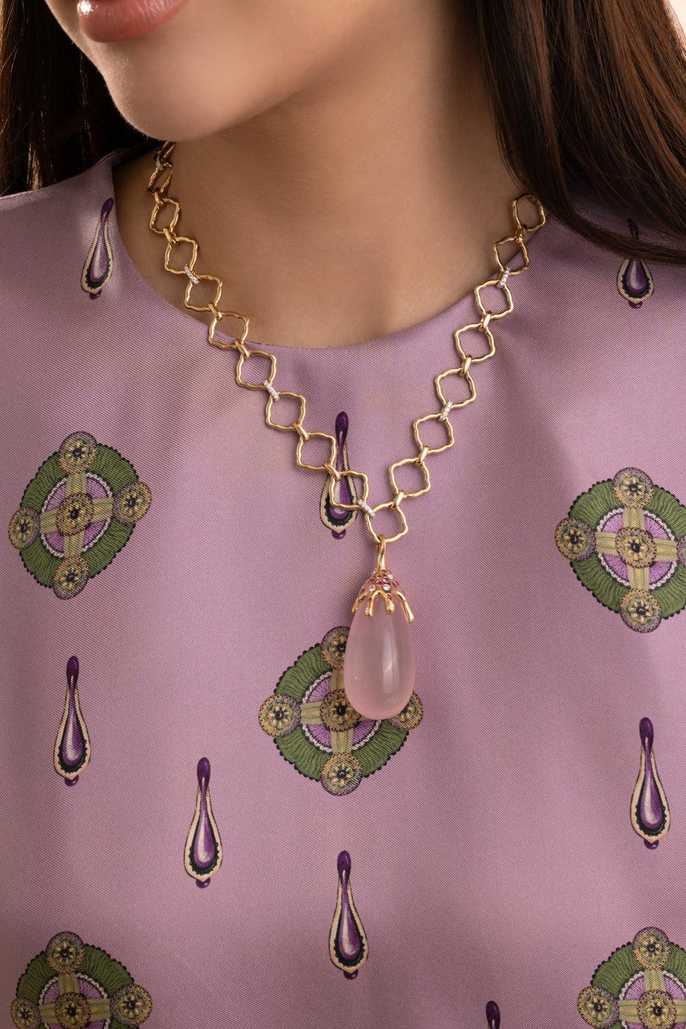 Pink Quartz Dripping Pendant-YELLOW GOLD-JEWELRYFINE JEWELPENDANT-EDINA KISS