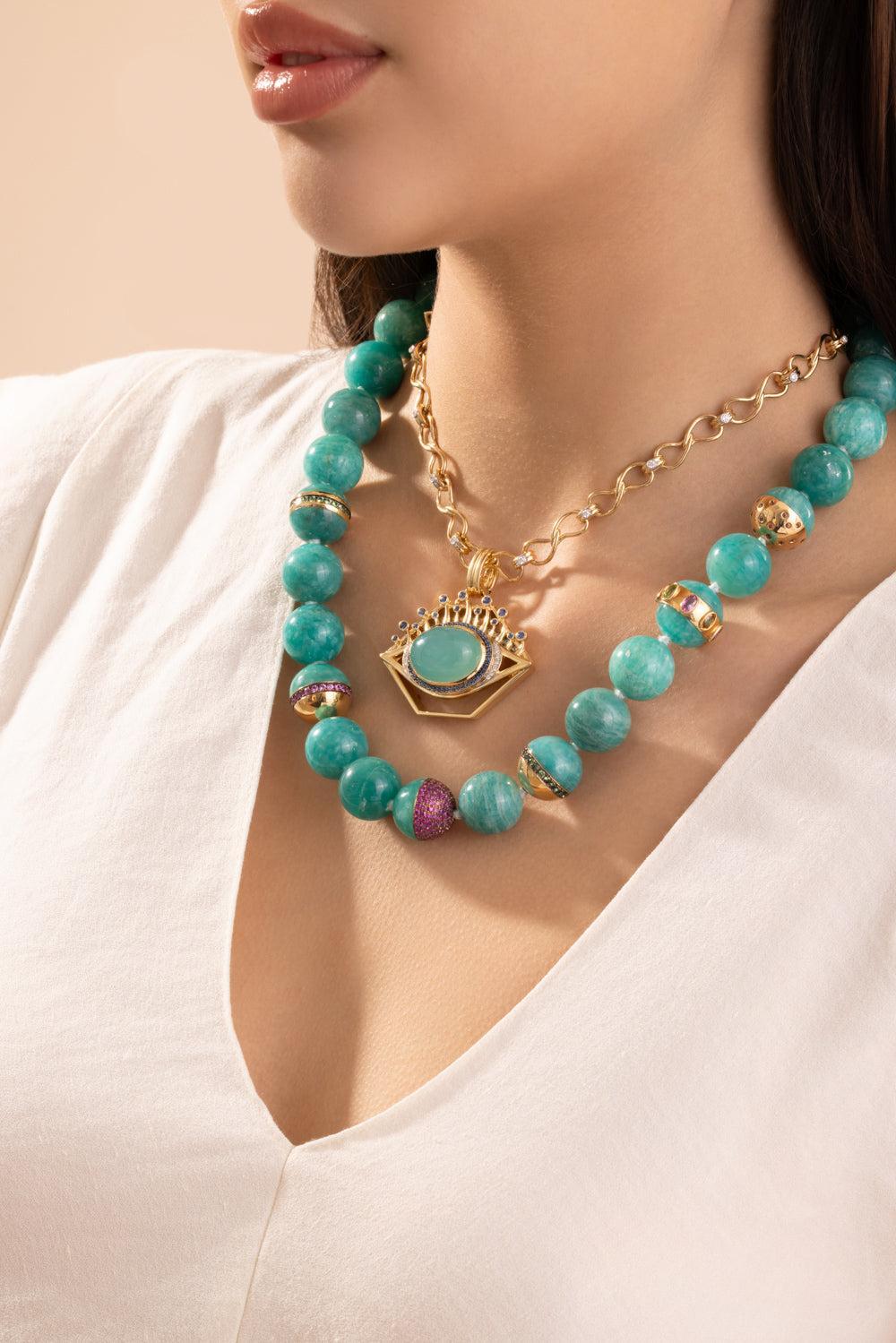 Amazonite Beaded Necklace-YELLOW GOLD-21-JEWELRYFINE JEWELNECKLACE O-EDINA KISS
