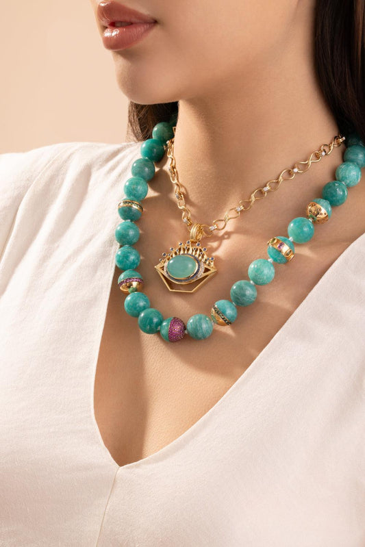 Amazonite Beaded Necklace-YELLOW GOLD-21-JEWELRYFINE JEWELNECKLACE O-EDINA KISS
