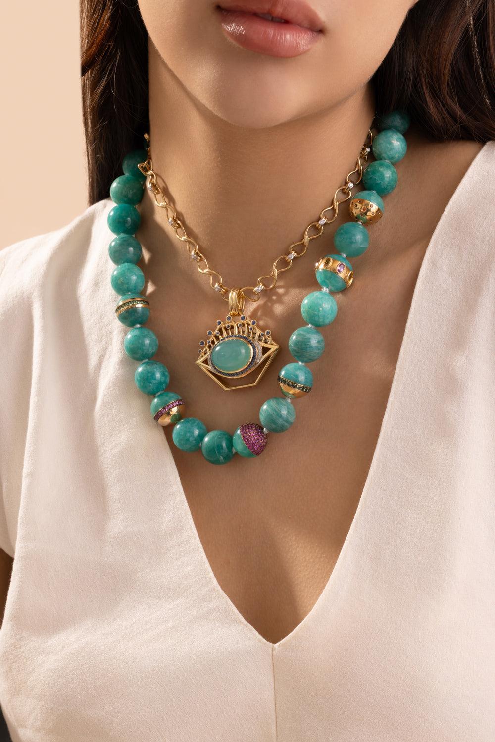 Amazonite Beaded Necklace-YELLOW GOLD-21-JEWELRYFINE JEWELNECKLACE O-EDINA KISS