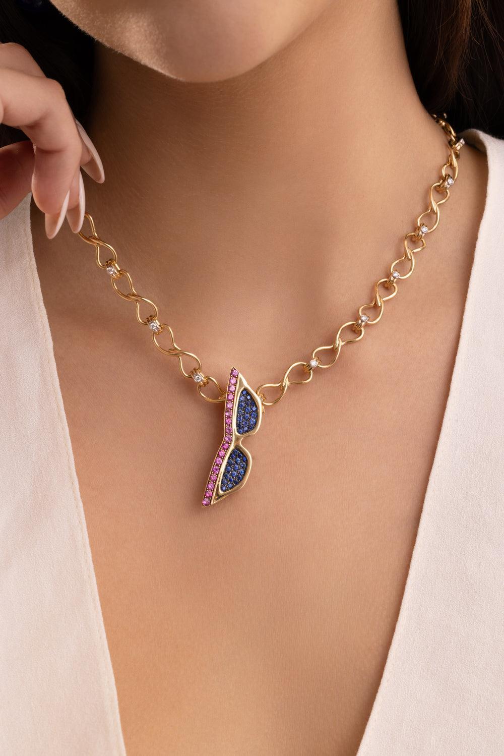 Blue Pink Sapphire Large Sunglasses Pendant-YELLOW GOLD-JEWELRYFINE JEWELPENDANT-EDINA KISS