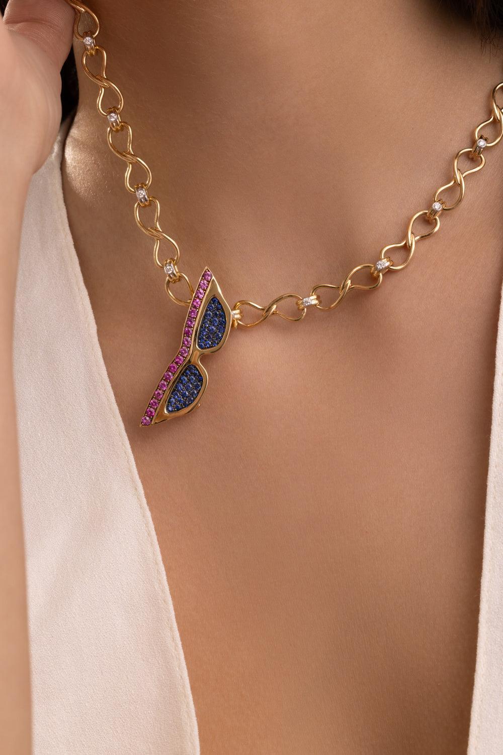 Blue Pink Sapphire Large Sunglasses Pendant-YELLOW GOLD-JEWELRYFINE JEWELPENDANT-EDINA KISS