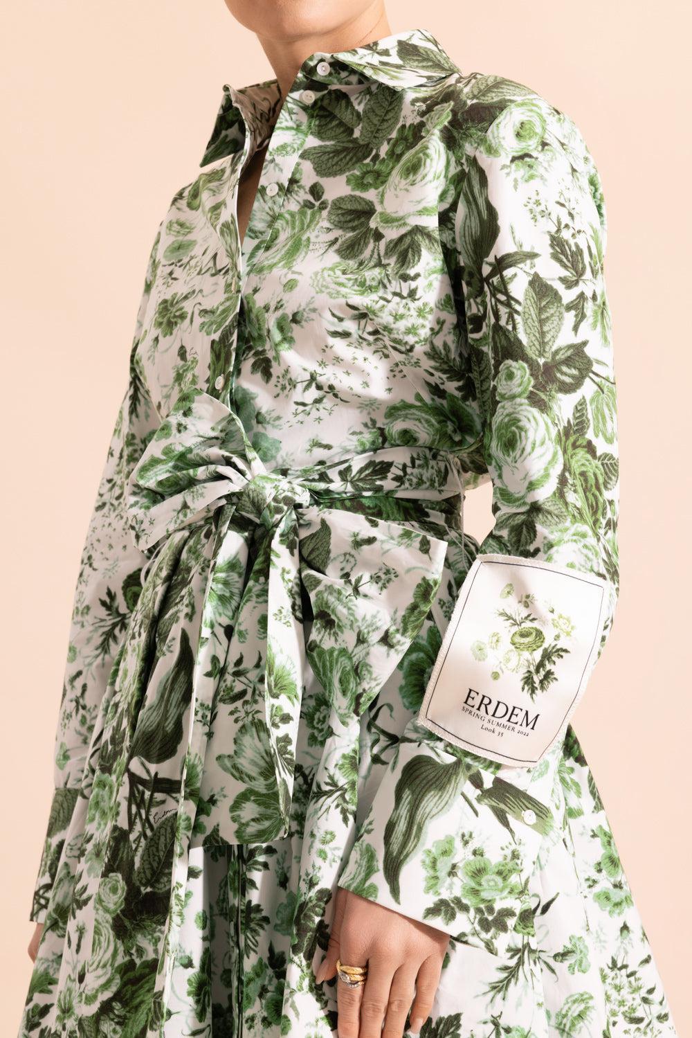 Leaf Print Long Sleeve Shirt Dress-GREEN-4-CLOTHINGDRESSCASUAL-ERDEM