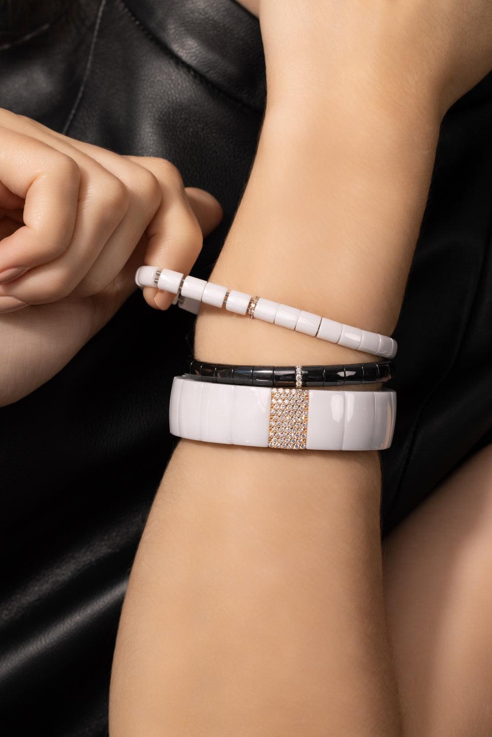 One Diamond Section Black Pura Stretch Bracelet-WHITE GOLD-JEWELRYFINE JEWELBRACELET O-ROBERTO DEMEGLIO