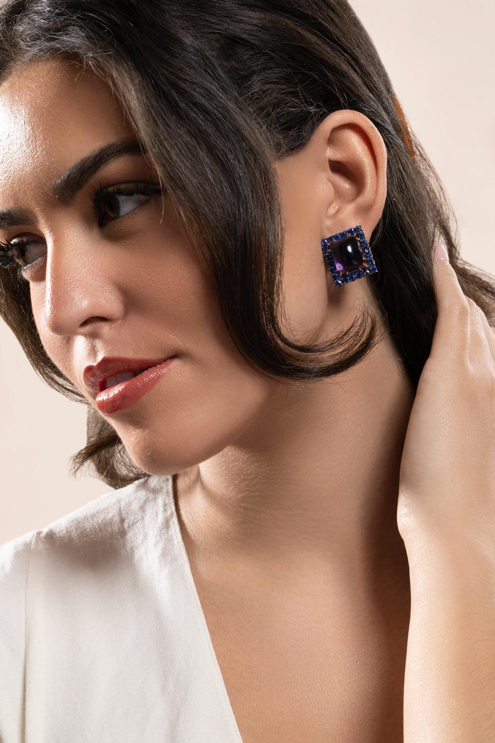 Amethyst Blue Sapphire Square Earrings-WHITE GOLD-JEWELRYFINE JEWELEARRING-PIRANESI