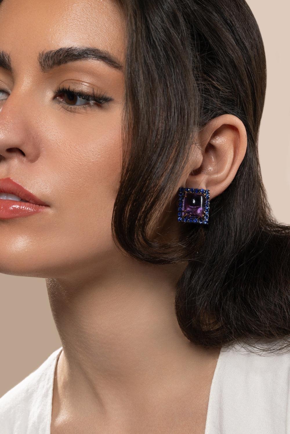 Amethyst Blue Sapphire Square Earrings-WHITE GOLD-JEWELRYFINE JEWELEARRING-PIRANESI