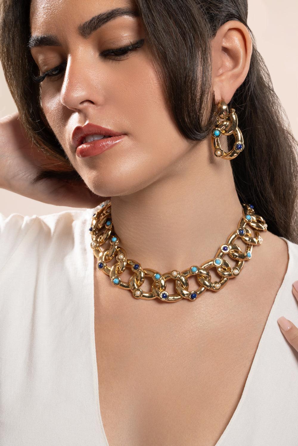 Turquoise Lapis Pearl Mitsi Necklace-YELLOW-JEWELRYBOUTIQUENECKLACE O-GAS BIJOUX