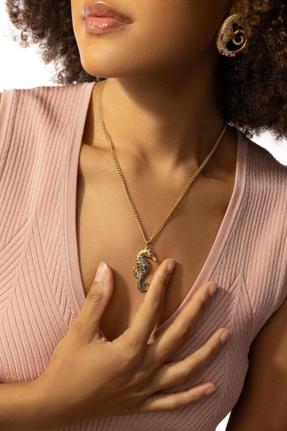 Sapphire Seahorse Pendant Necklace-YELLOW GOLD-BLUE-JEWELRYFINE JEWELNECKLACE O-TANYA FARAH