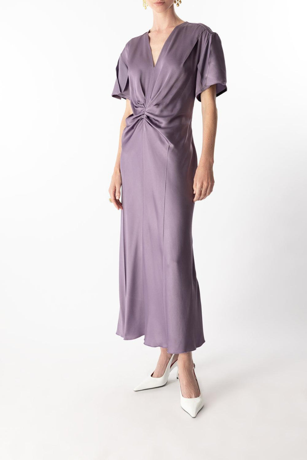 victoria beckham gathered v neck midi dress V-Neck Midi Dresses - Formal neck dress in a Indianwear Bridalwear Asianwear Designerwear Pakistaniwear in WINSLOW Lining:Un-Lined