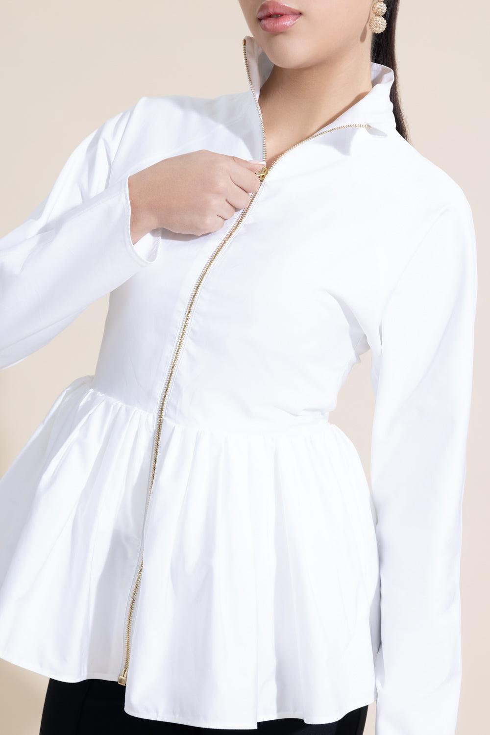 Front Zip Peplum Jacket-BLANC-34-CLOTHINGJACKETCASUAL-ALAÏA