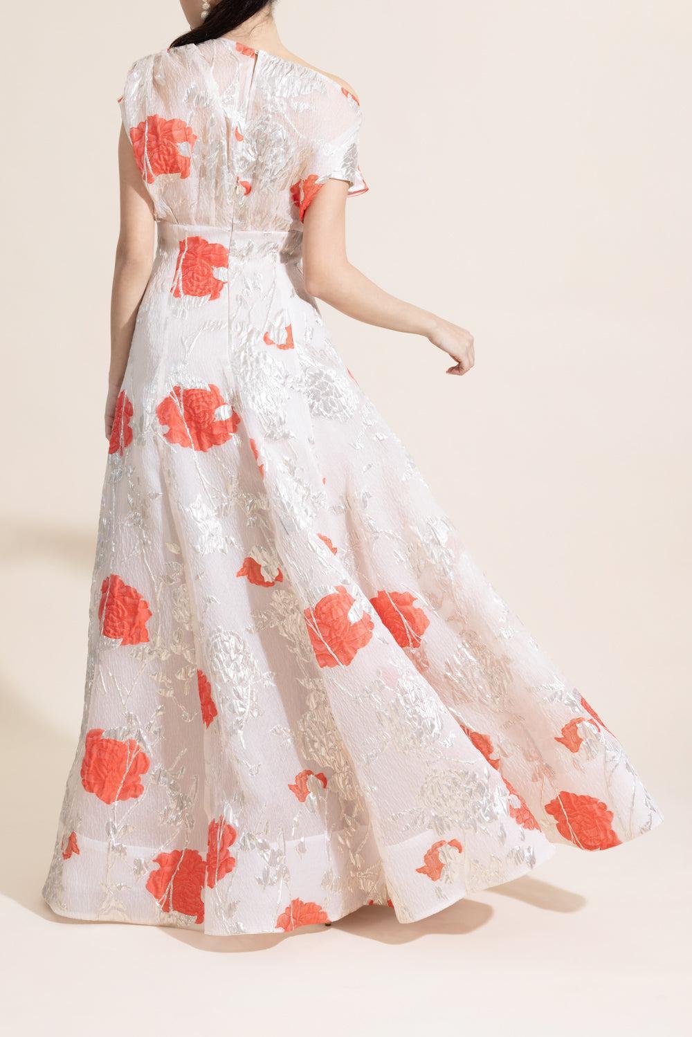 Floral Drape Shoulder Pleated Gown-FLORAL-4-CLOTHINGDRESSGOWN-LELA ROSE
