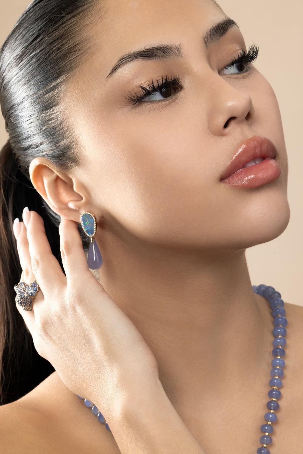 Australian Opal Blue Chalcedony G-One Drop Earrings-YELLOW GOLD-JEWELRYFINE JEWELEARRING-GOSHWARA